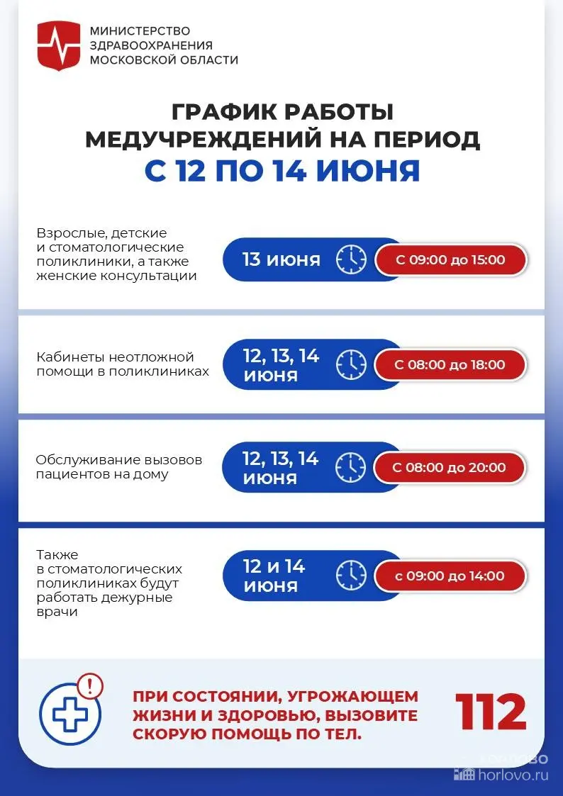График работы поликлиник в Воскресенском округе с 12 по 14 июня